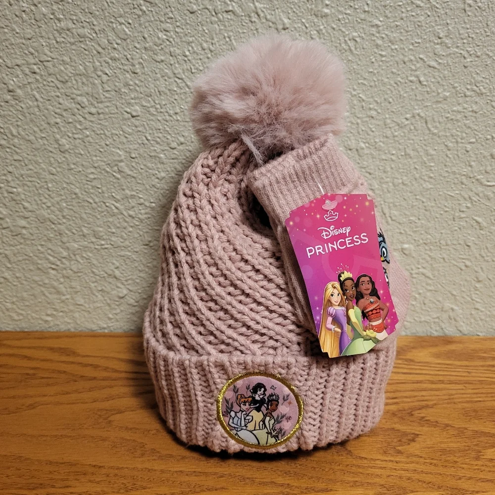NWT Disney Princess Pink Knit Pom Pom Beanie and Mittens